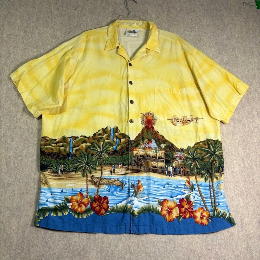 Margaritaville Shirt Mens XXL Yellow Cotton Hawaiian Camp Tropical Beach Vtg Y2K